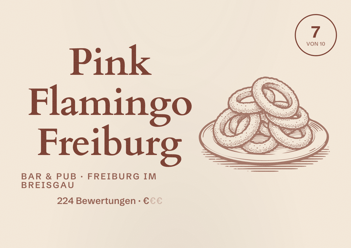 Illustriertes Poster von Pink Flamingo Freiburg, Bar & Pub in Freiburg im Breisgau: Bewertung 7,0 von 10 aus 224 Bewertungen, Preisniveau €