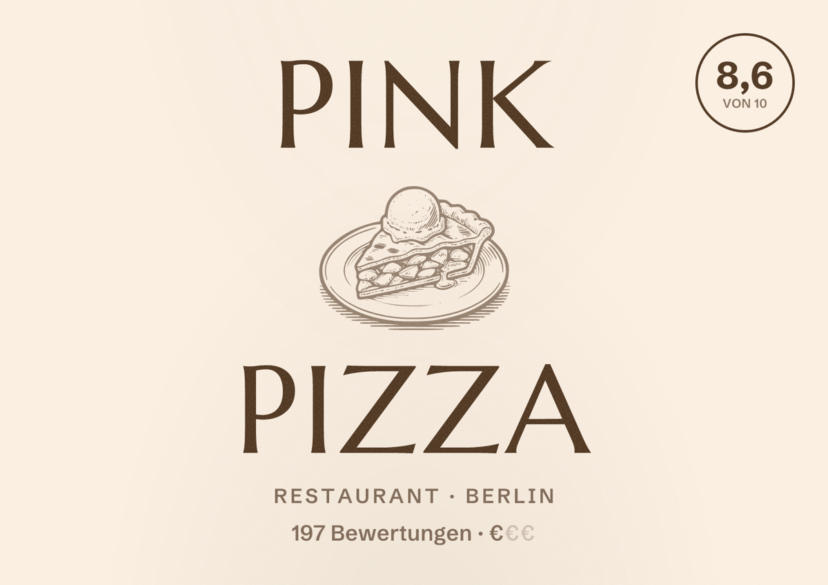 Illustriertes Poster von Pink Pizza, Restaurant in Berlin: Bewertung 8,6 von 10 aus 197 Bewertungen, Preisniveau €