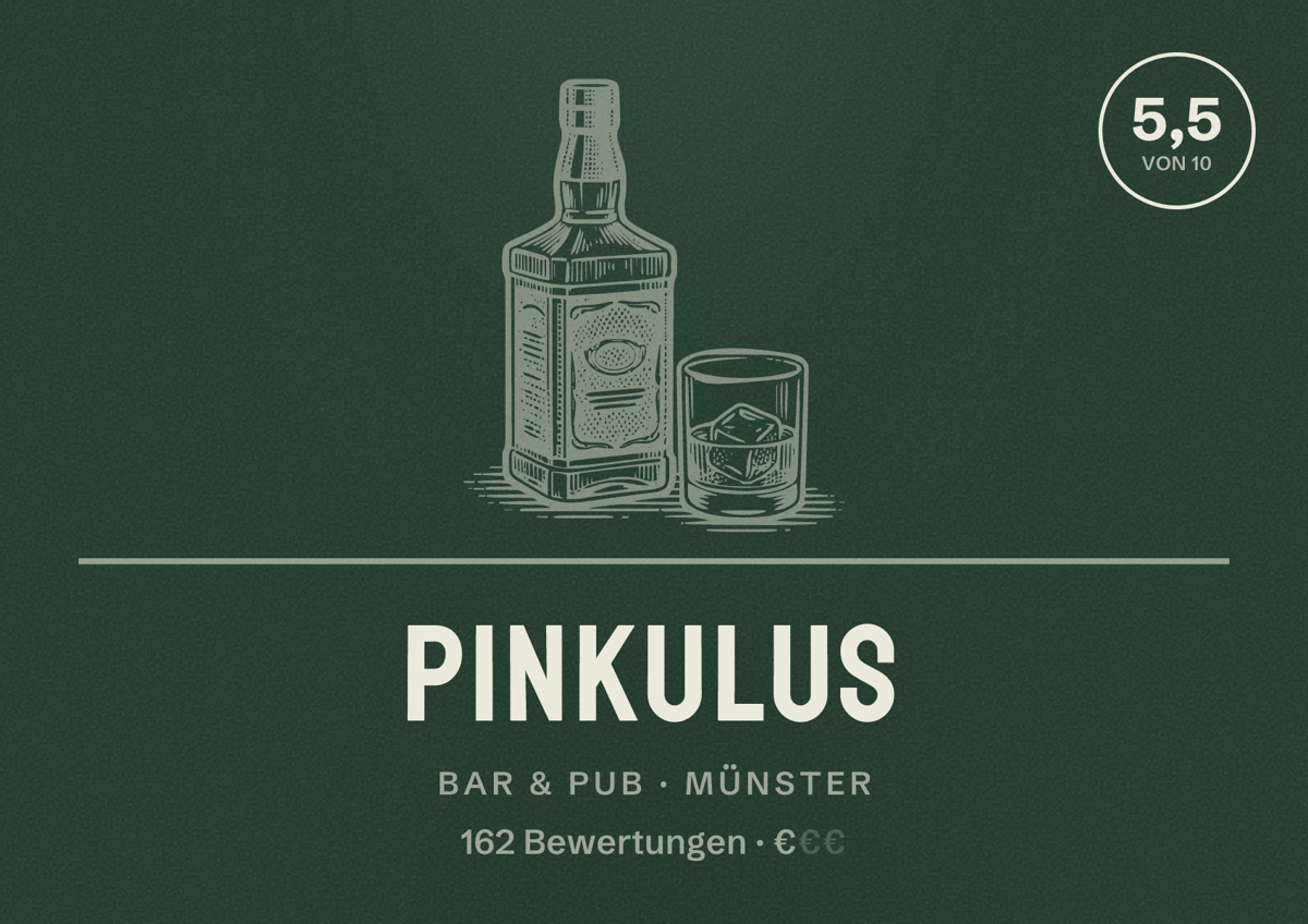 Illustriertes Poster von Pinkulus, Bar & Pub in Münster: Bewertung 5,5 von 10 aus 162 Bewertungen, Preisniveau €
