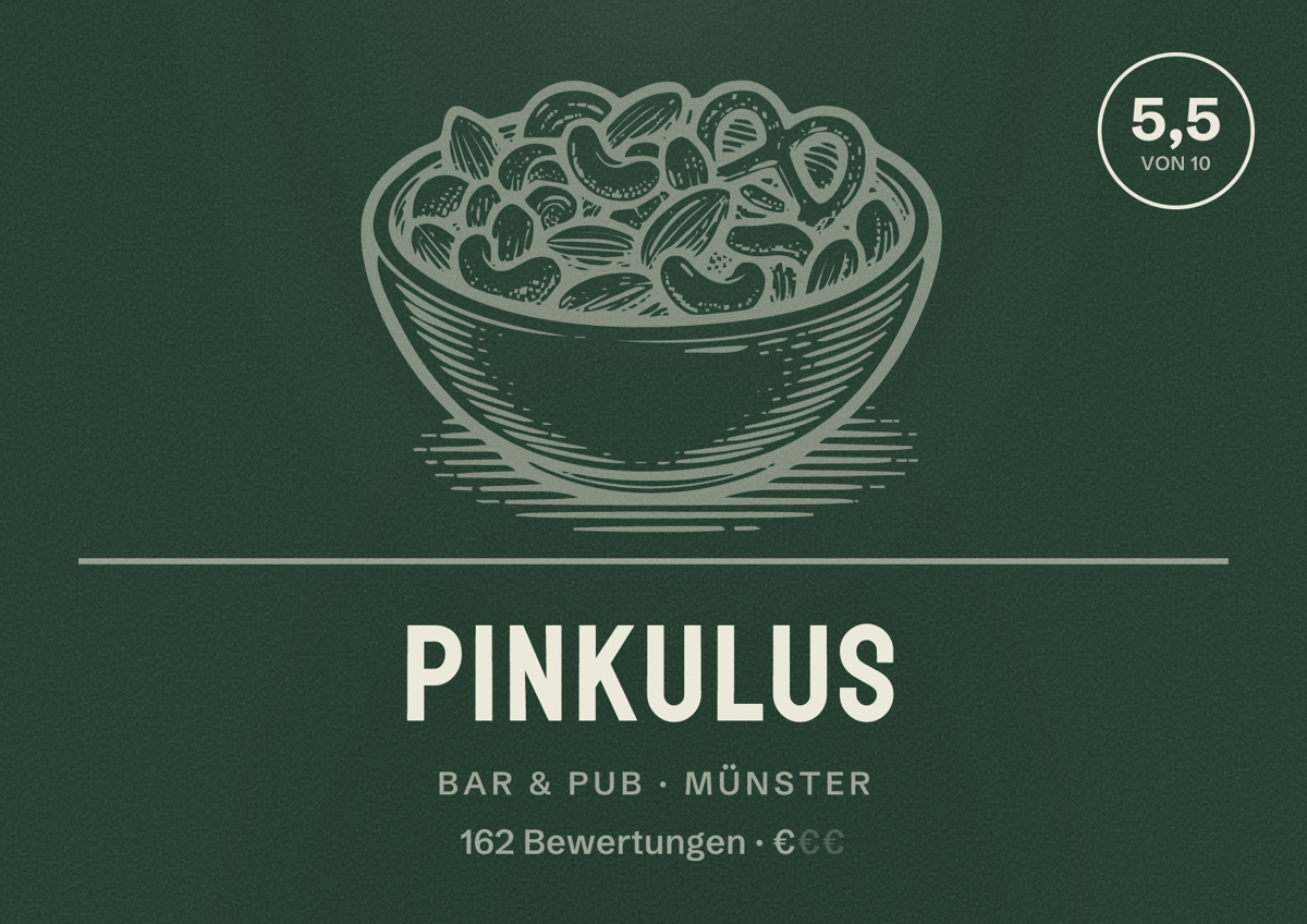 Illustriertes Poster von Pinkulus, Bar & Pub in Münster: Bewertung 5,5 von 10 aus 162 Bewertungen, Preisniveau €