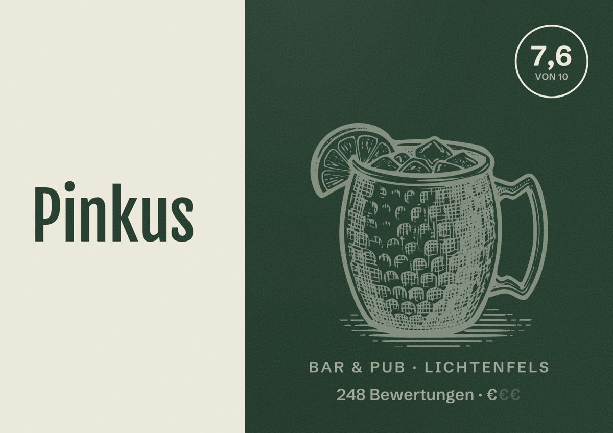 Illustriertes Poster von Pinkus, Bar & Pub in Lichtenfels: Bewertung 7,6 von 10 aus 248 Bewertungen, Preisniveau €