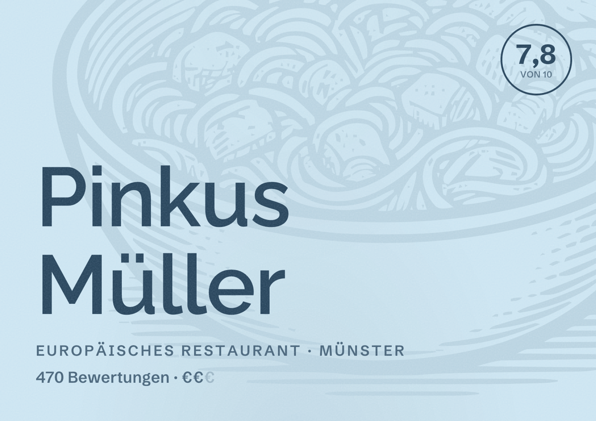 Illustriertes Poster von Pinkus Müller, Europäisches Restaurant in Münster: Bewertung 7,8 von 10 aus 470 Bewertungen, Preisniveau €€