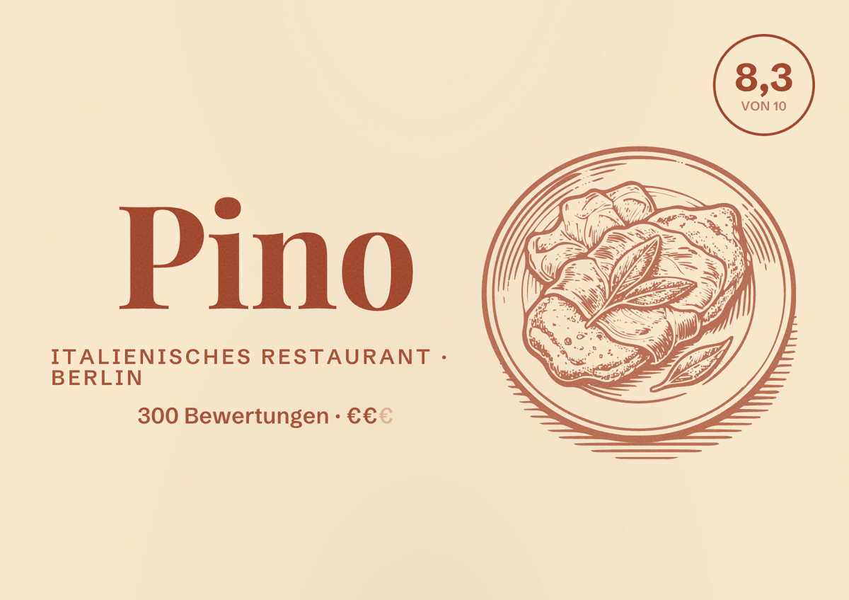 Illustriertes Poster von Pino, Italienisches Restaurant in Berlin: Bewertung 8,3 von 10 aus 300 Bewertungen, Preisniveau €€