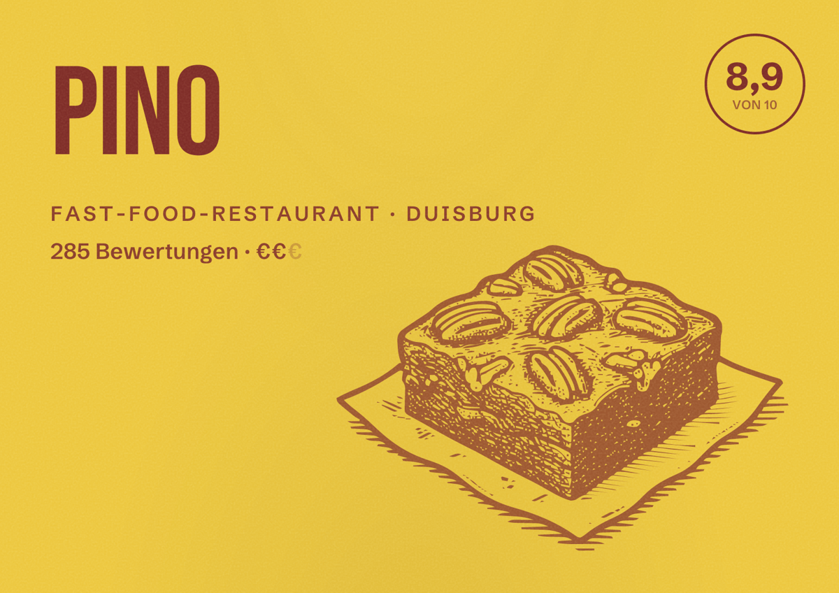 Illustriertes Poster von Pino, Fast-Food-Restaurant in Duisburg: Bewertung 8,9 von 10 aus 285 Bewertungen, Preisniveau €€