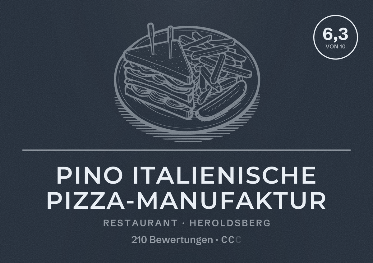 Illustriertes Poster von PINO Italienische Pizza-Manufaktur, Restaurant in Heroldsberg: Bewertung 6,3 von 10 aus 210 Bewertungen, Preisniveau €€