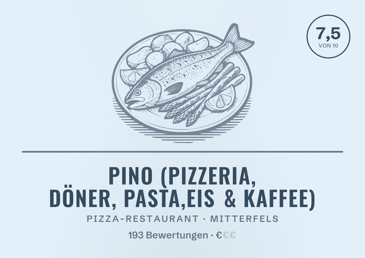 Illustriertes Poster von PINO (Pizzeria, Döner, Pasta,Eis & Kaffee), Pizza-Restaurant in Mitterfels: Bewertung 7,5 von 10 aus 193 Bewertungen, Preisniveau €