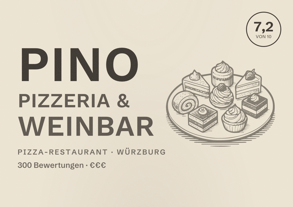 Illustriertes Poster von PINO PIZZERIA & WEINBAR, Pizza-Restaurant in Würzburg: Bewertung 7,2 von 10 aus 300 Bewertungen, Preisniveau €€€