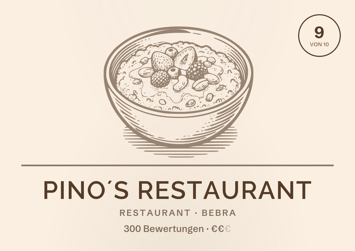 Illustriertes Poster von Pino´s Restaurant, Restaurant in Bebra: Bewertung 9 von 10 aus 300 Bewertungen, Preisniveau €€