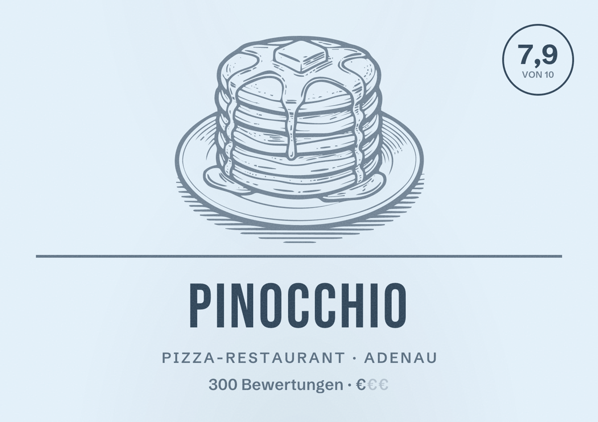 Illustriertes Poster von Pinocchio, Pizza-Restaurant in Adenau: Bewertung 7,9 von 10 aus 300 Bewertungen, Preisniveau €