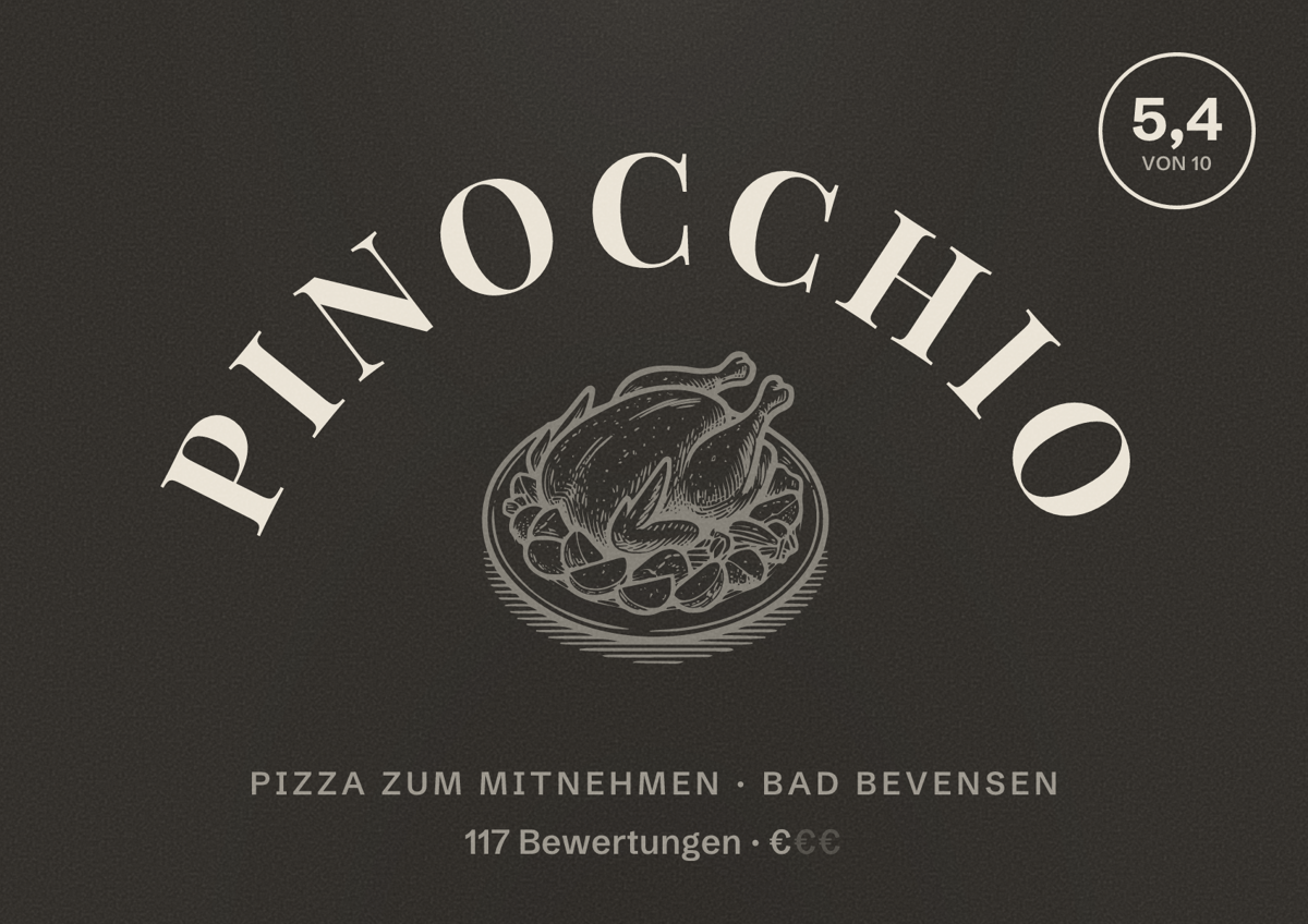 Illustriertes Poster von Pinocchio, Pizza zum Mitnehmen in Bad Bevensen: Bewertung 5,4 von 10 aus 117 Bewertungen, Preisniveau €