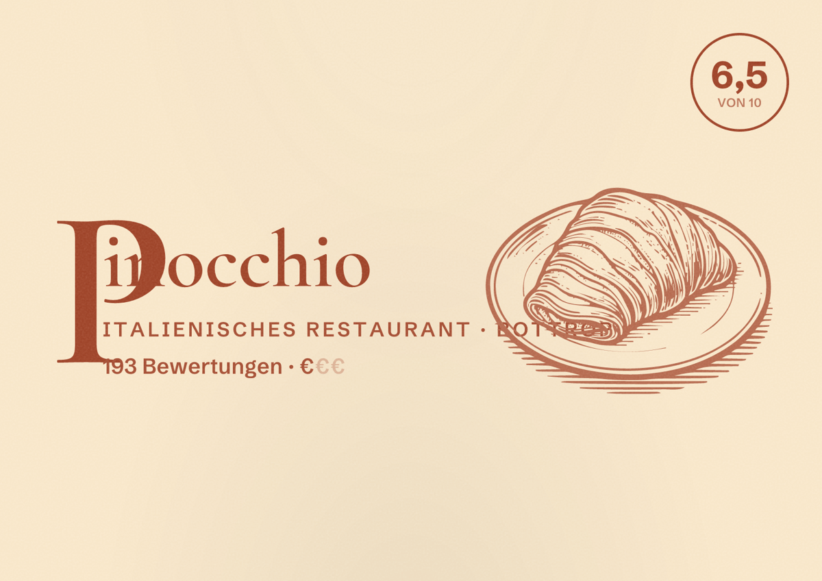 Illustriertes Poster von Pinocchio, Italienisches Restaurant in Bottrop: Bewertung 6,5 von 10 aus 193 Bewertungen, Preisniveau €