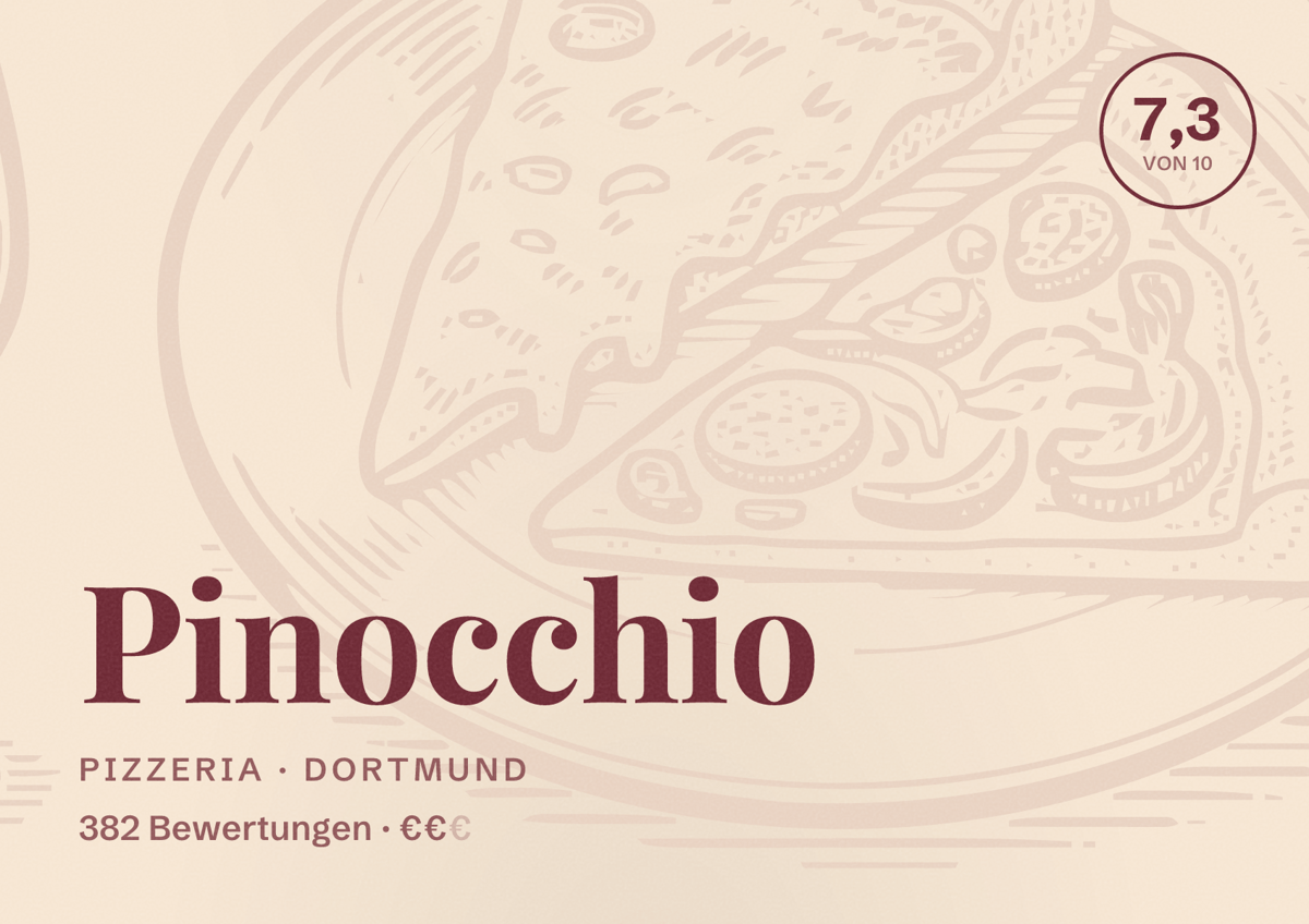 Illustriertes Poster von Pinocchio, Pizzeria in Dortmund: Bewertung 7,3 von 10 aus 382 Bewertungen, Preisniveau €€