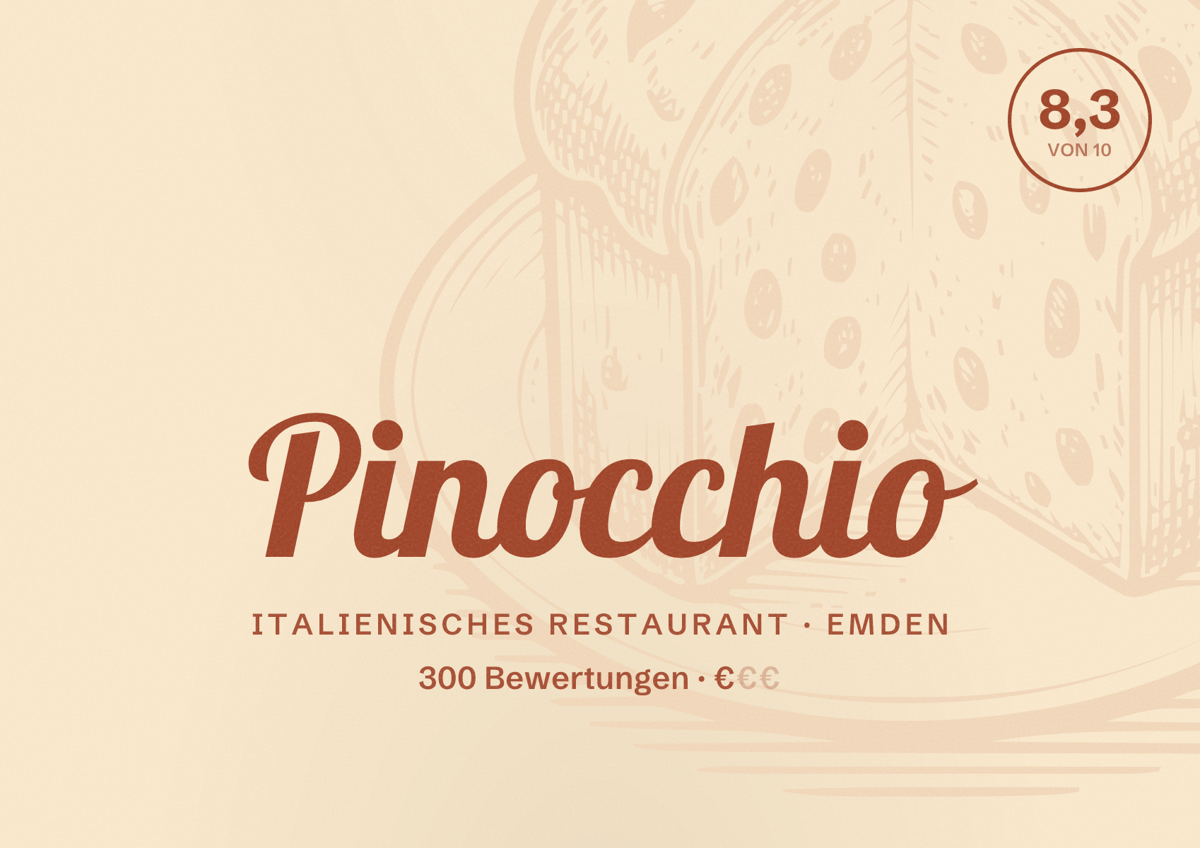 Illustriertes Poster von Pinocchio, Italienisches Restaurant in Emden: Bewertung 8,3 von 10 aus 300 Bewertungen, Preisniveau €