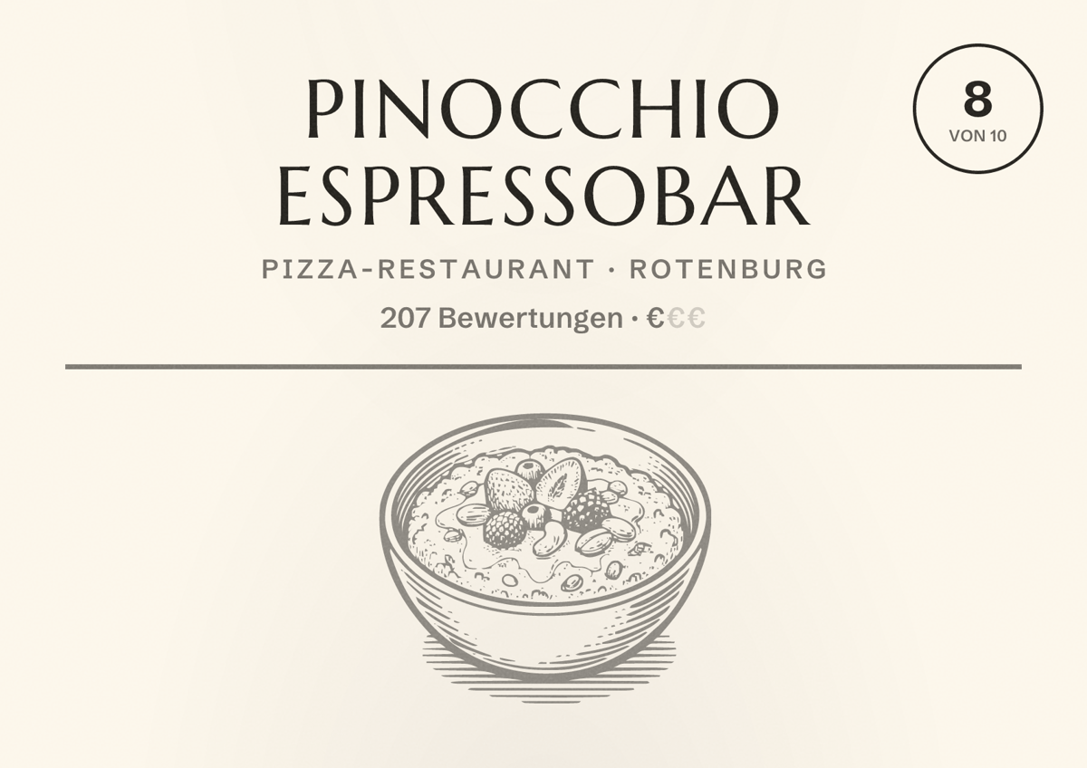 Illustriertes Poster von Pinocchio Espressobar, Pizza-Restaurant in Rotenburg: Bewertung 8 von 10 aus 207 Bewertungen, Preisniveau €