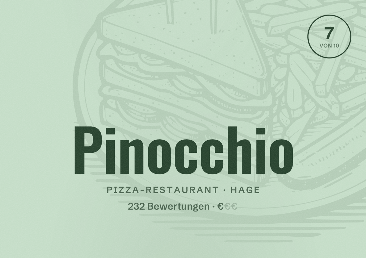 Illustriertes Poster von Pinocchio, Pizza-Restaurant in Hage: Bewertung 7 von 10 aus 232 Bewertungen, Preisniveau €