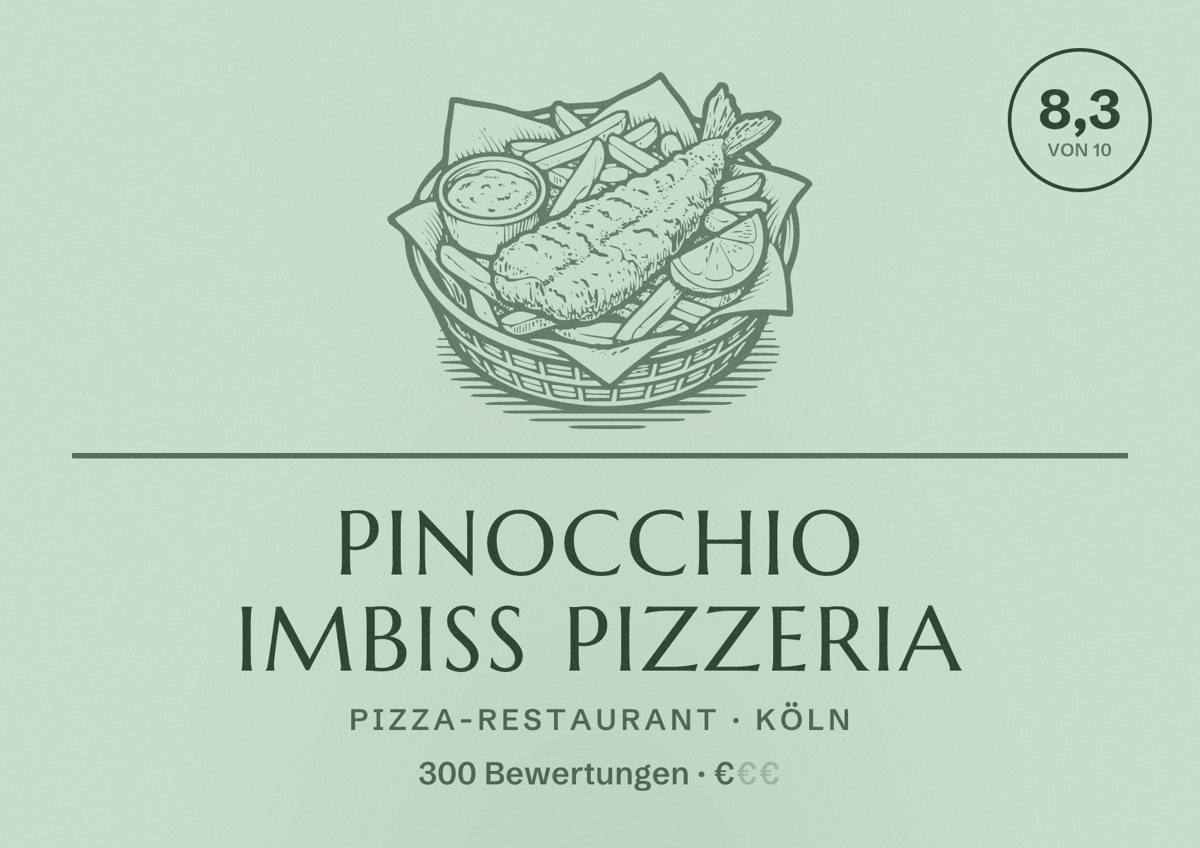 Illustriertes Poster von Pinocchio Imbiss Pizzeria, Pizza-Restaurant in Köln: Bewertung 8,3 von 10 aus 300 Bewertungen, Preisniveau €