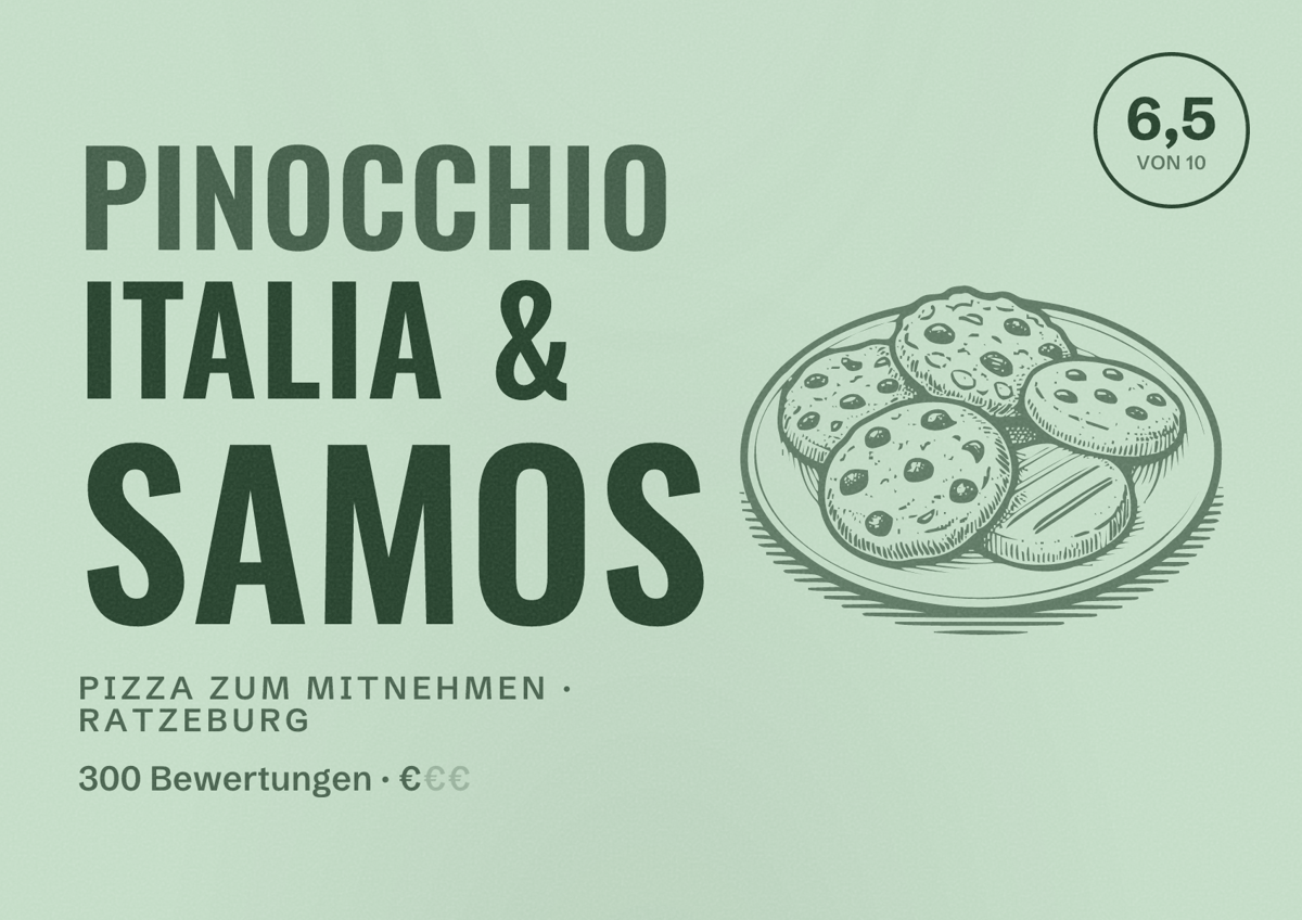 Illustriertes Poster von Pinocchio Italia & Samos, Pizza zum Mitnehmen in Ratzeburg: Bewertung 6,5 von 10 aus 300 Bewertungen, Preisniveau €