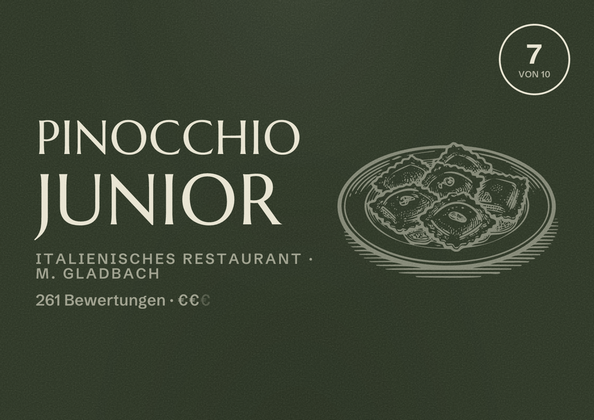 Illustriertes Poster von Pinocchio Junior, Italienisches Restaurant in M. Gladbach: Bewertung 7 von 10 aus 261 Bewertungen, Preisniveau €€