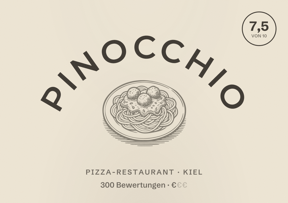 Illustriertes Poster von Pinocchio, Pizza-Restaurant in Kiel: Bewertung 7,5 von 10 aus 300 Bewertungen, Preisniveau €
