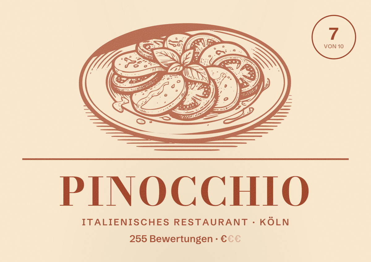Illustriertes Poster von Pinocchio, Italienisches Restaurant in Köln: Bewertung 7,0 von 10 aus 255 Bewertungen, Preisniveau €