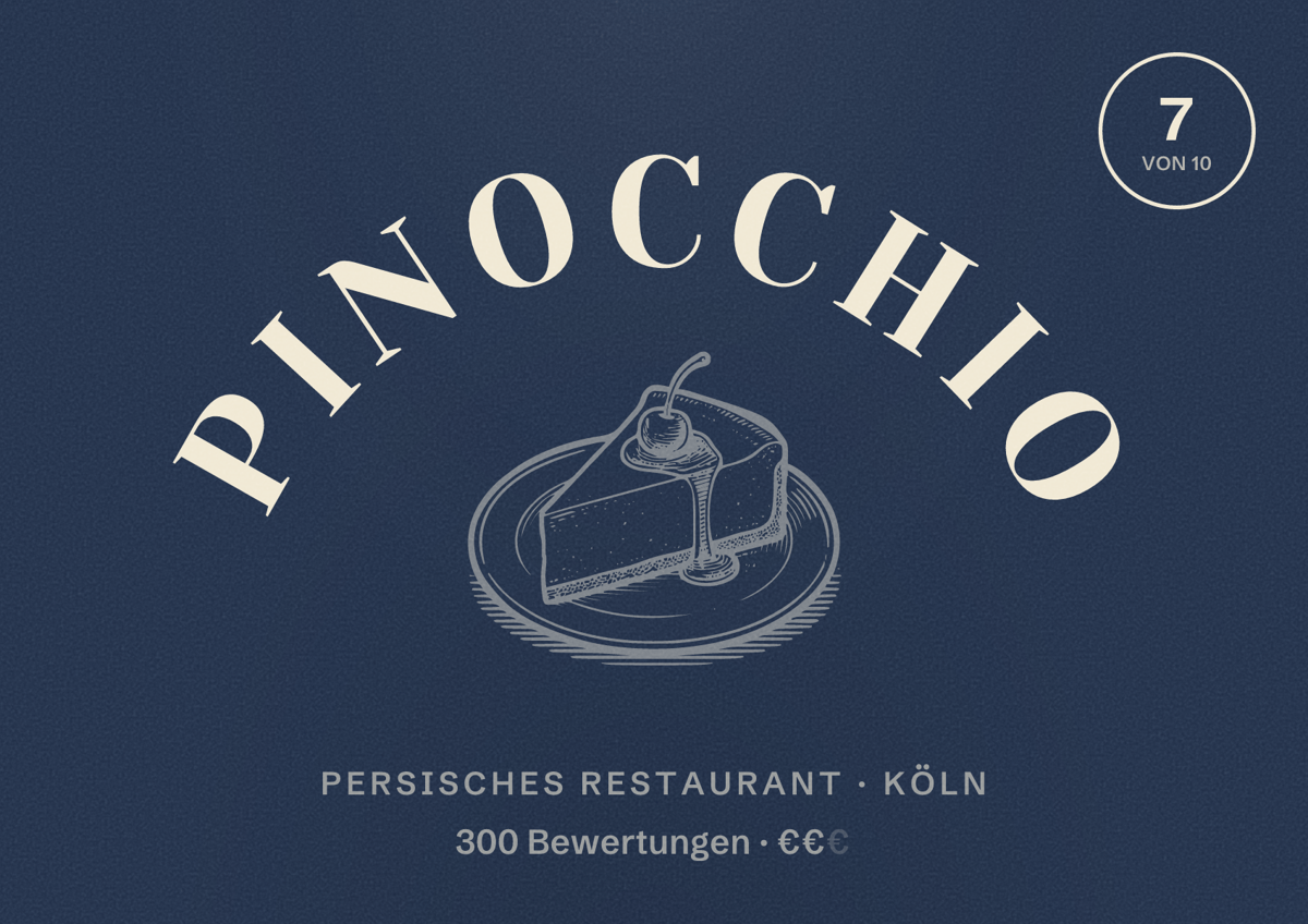 Illustriertes Poster von Pinocchio, Persisches Restaurant in Köln: Bewertung 7,0 von 10 aus 300 Bewertungen, Preisniveau €€