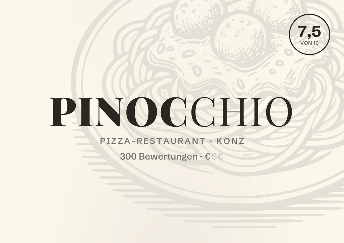 Illustriertes Poster von Pinocchio, Pizza-Restaurant in Konz: Bewertung 7,5 von 10 aus 300 Bewertungen, Preisniveau €