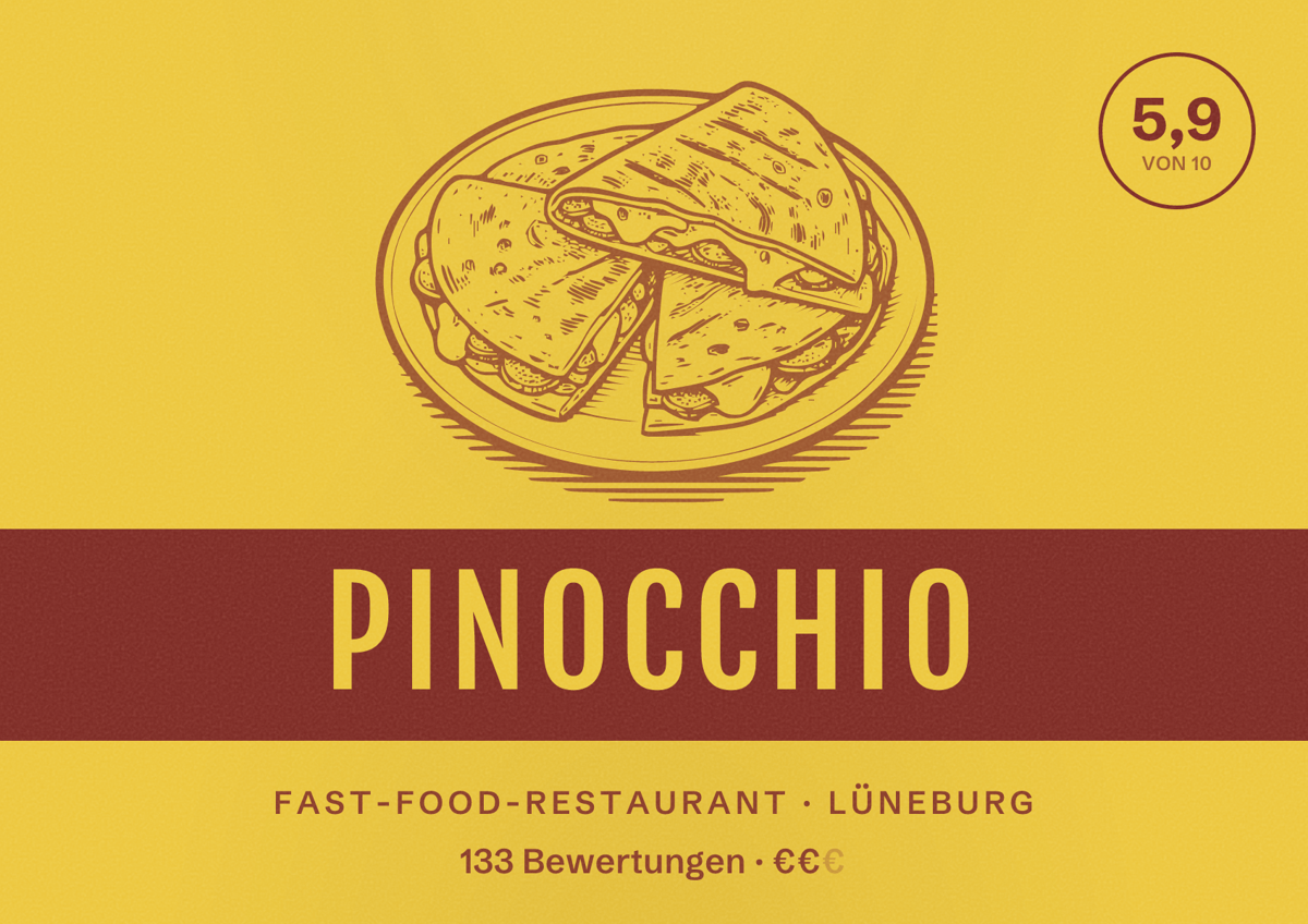 Illustriertes Poster von Pinocchio, Fast-Food-Restaurant in Lüneburg: Bewertung 5,9 von 10 aus 133 Bewertungen, Preisniveau €€
