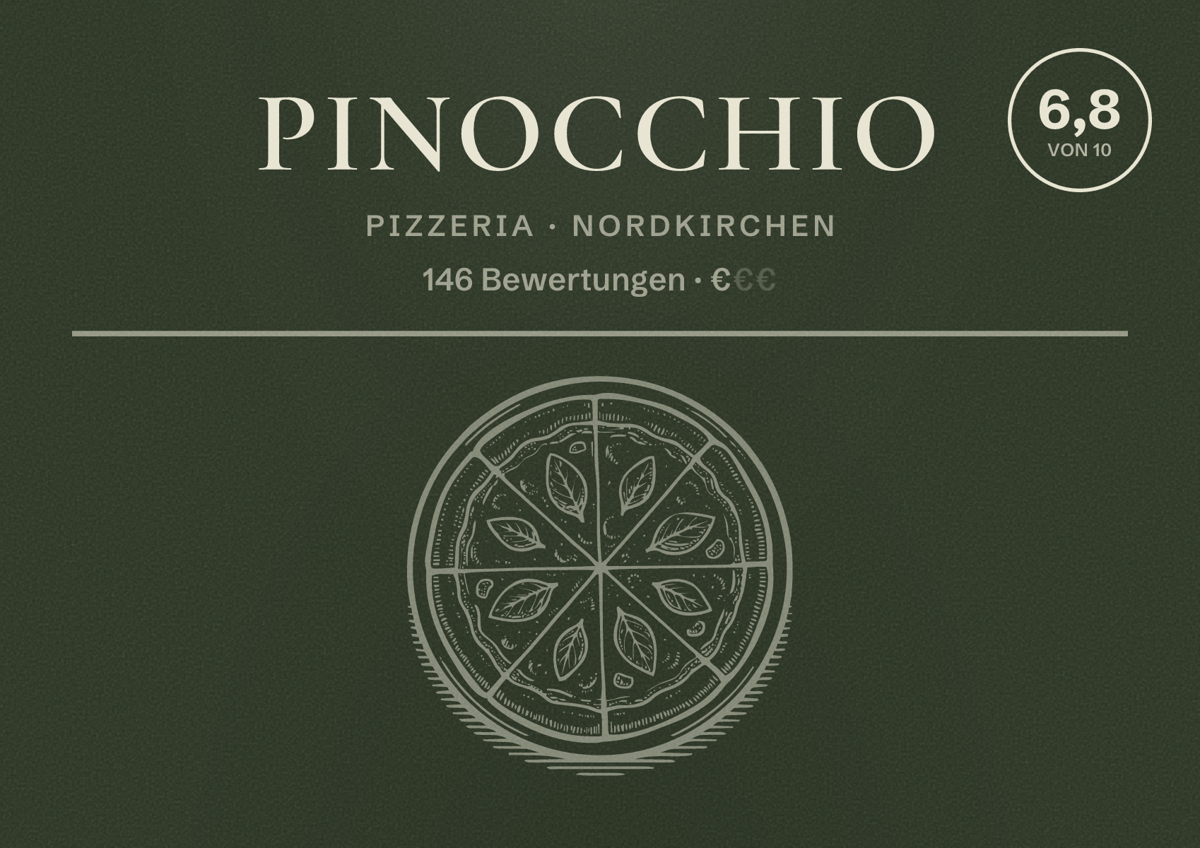 Illustriertes Poster von Pinocchio, Pizzeria in Nordkirchen: Bewertung 6,8 von 10 aus 146 Bewertungen, Preisniveau €