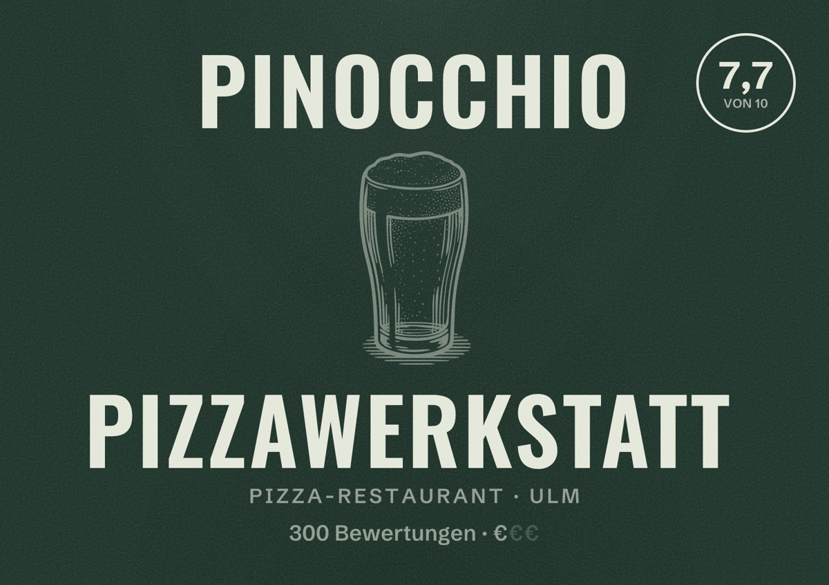 Illustriertes Poster von Pinocchio Pizzawerkstatt, Pizza-Restaurant in Ulm: Bewertung 7,7 von 10 aus 300 Bewertungen, Preisniveau €