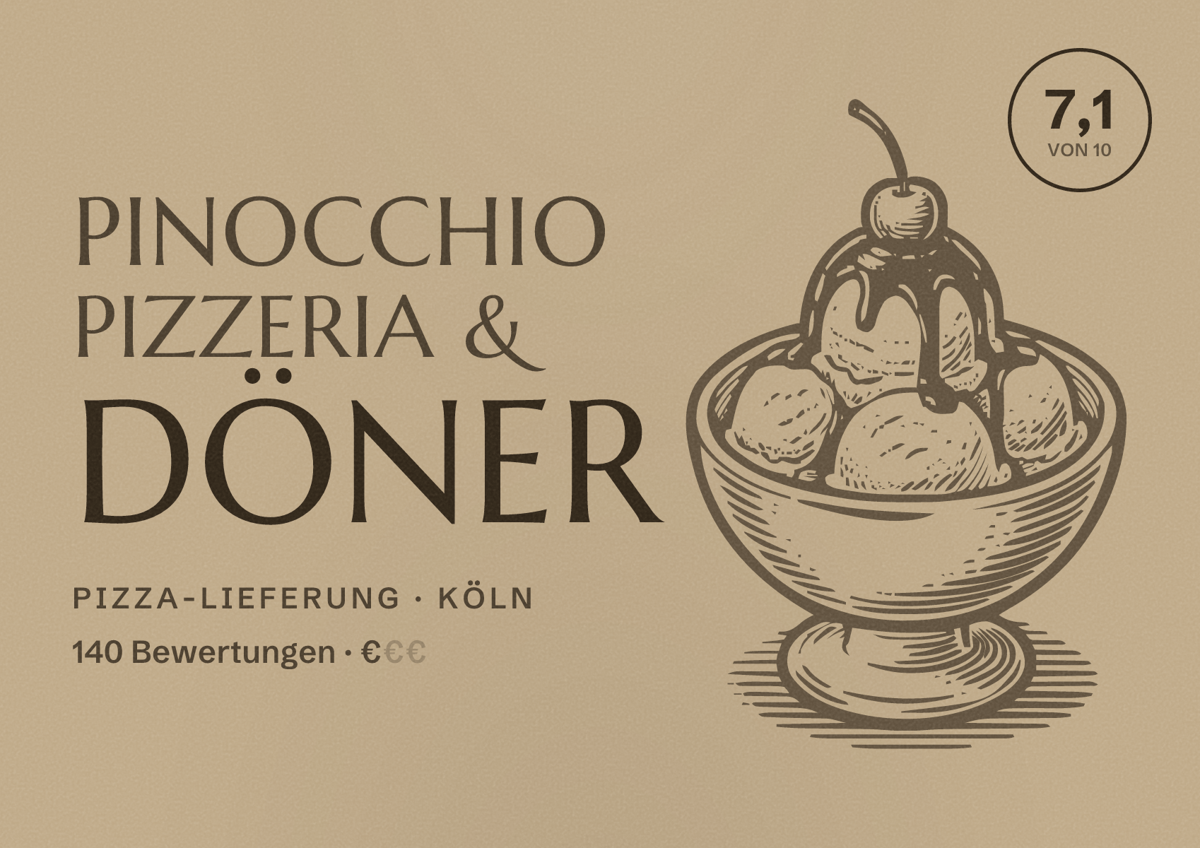 Illustriertes Poster von Pinocchio Pizzeria & Döner, Pizza-Lieferung in Köln: Bewertung 7,1 von 10 aus 140 Bewertungen, Preisniveau €