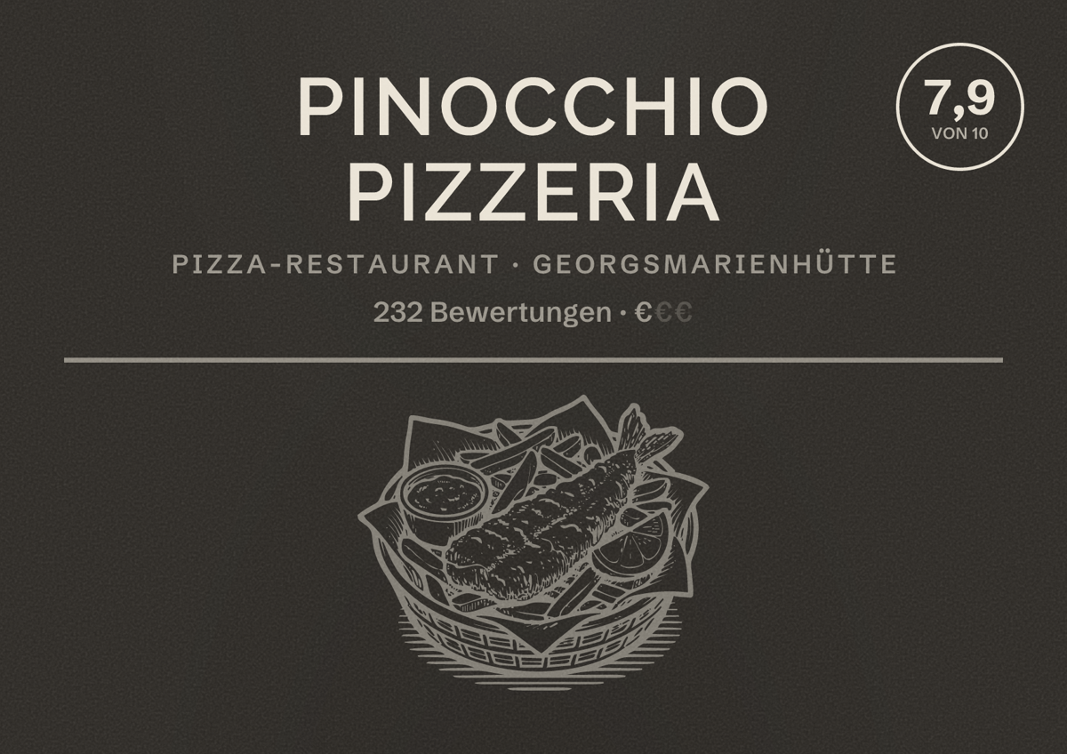 Illustriertes Poster von Pinocchio Pizzeria, Pizza-Restaurant in Georgsmarienhütte: Bewertung 7,9 von 10 aus 232 Bewertungen, Preisniveau €