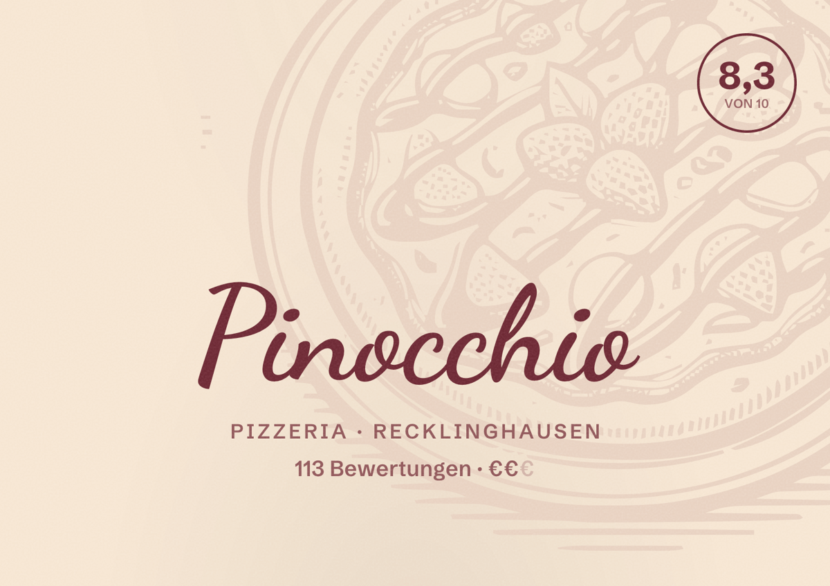 Illustriertes Poster von Pinocchio, Pizzeria in Recklinghausen: Bewertung 8,3 von 10 aus 113 Bewertungen, Preisniveau €€