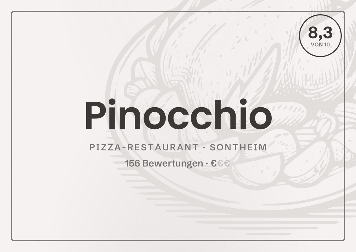 Illustriertes Poster von Pinocchio, Pizza-Restaurant in Sontheim: Bewertung 8,3 von 10 aus 156 Bewertungen, Preisniveau €