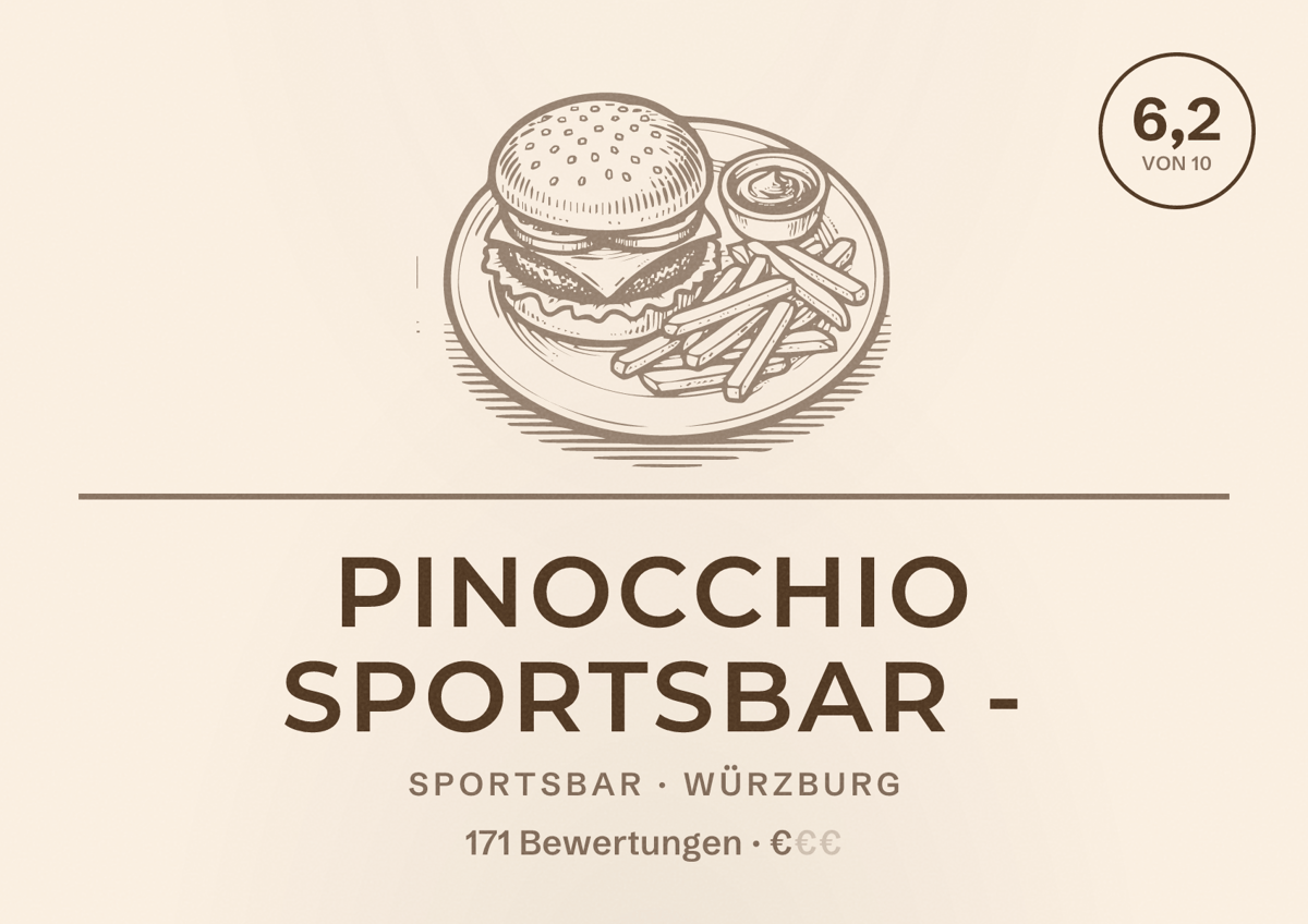 Illustriertes Poster von Pinocchio Sportsbar -, Sportsbar in Würzburg: Bewertung 6,2 von 10 aus 171 Bewertungen, Preisniveau €