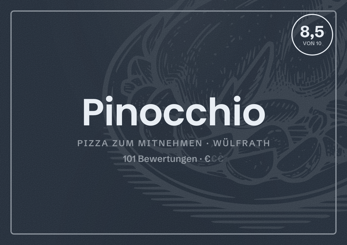 Illustriertes Poster von Pinocchio, Pizza zum Mitnehmen in Wülfrath: Bewertung 8,5 von 10 aus 101 Bewertungen, Preisniveau €