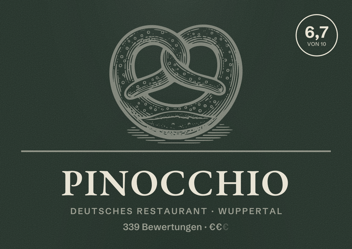 Illustriertes Poster von Pinocchio, Deutsches Restaurant in Wuppertal: Bewertung 6,7 von 10 aus 339 Bewertungen, Preisniveau €€