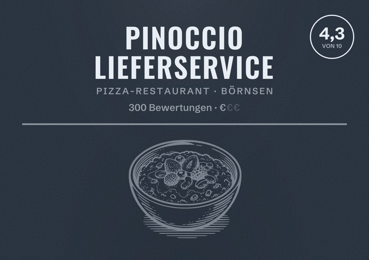 Illustriertes Poster von Pinoccio Lieferservice, Pizza-Restaurant in Börnsen: Bewertung 4,3 von 10 aus 300 Bewertungen, Preisniveau €