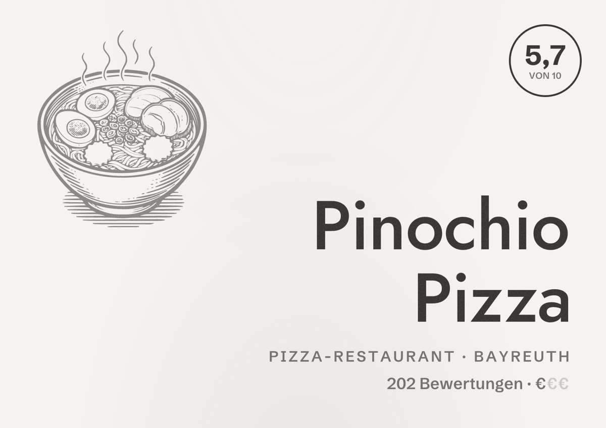 Illustriertes Poster von Pinochio Pizza, Pizza-Restaurant in Bayreuth: Bewertung 5,7 von 10 aus 202 Bewertungen, Preisniveau €