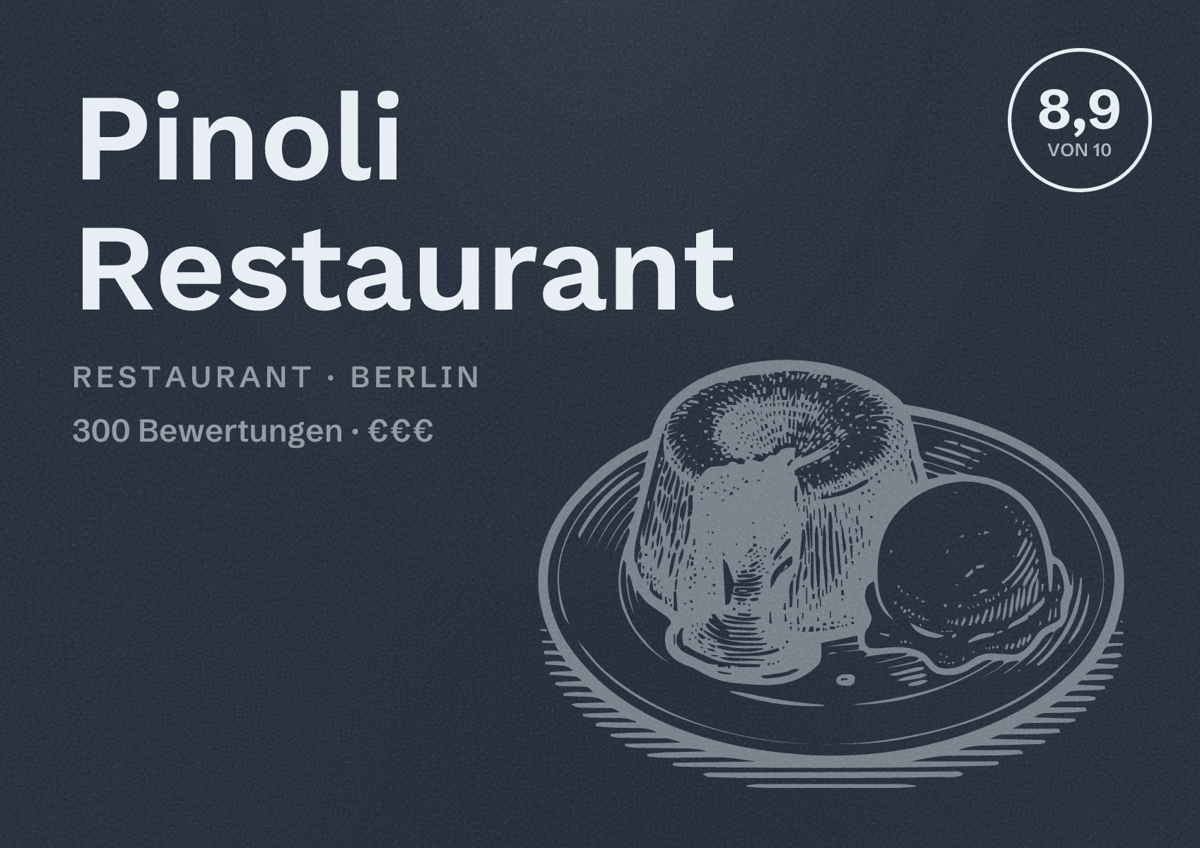 Illustriertes Poster von Pinoli Restaurant, Restaurant in Berlin: Bewertung 8,9 von 10 aus 300 Bewertungen, Preisniveau €€€