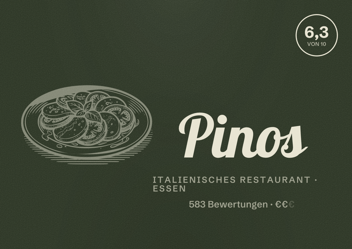 Illustriertes Poster von Pinos, Italienisches Restaurant in Essen: Bewertung 6,3 von 10 aus 583 Bewertungen, Preisniveau €€