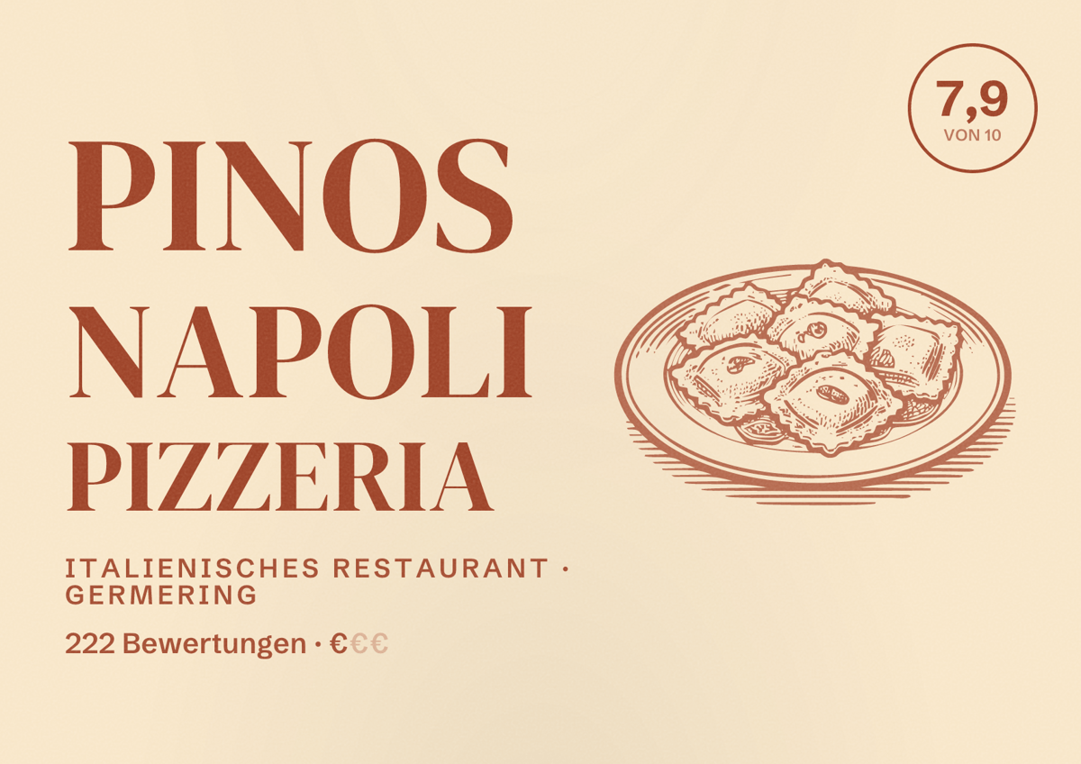 Illustriertes Poster von PINOS Napoli Pizzeria, Italienisches Restaurant in Germering: Bewertung 7,9 von 10 aus 222 Bewertungen, Preisniveau €