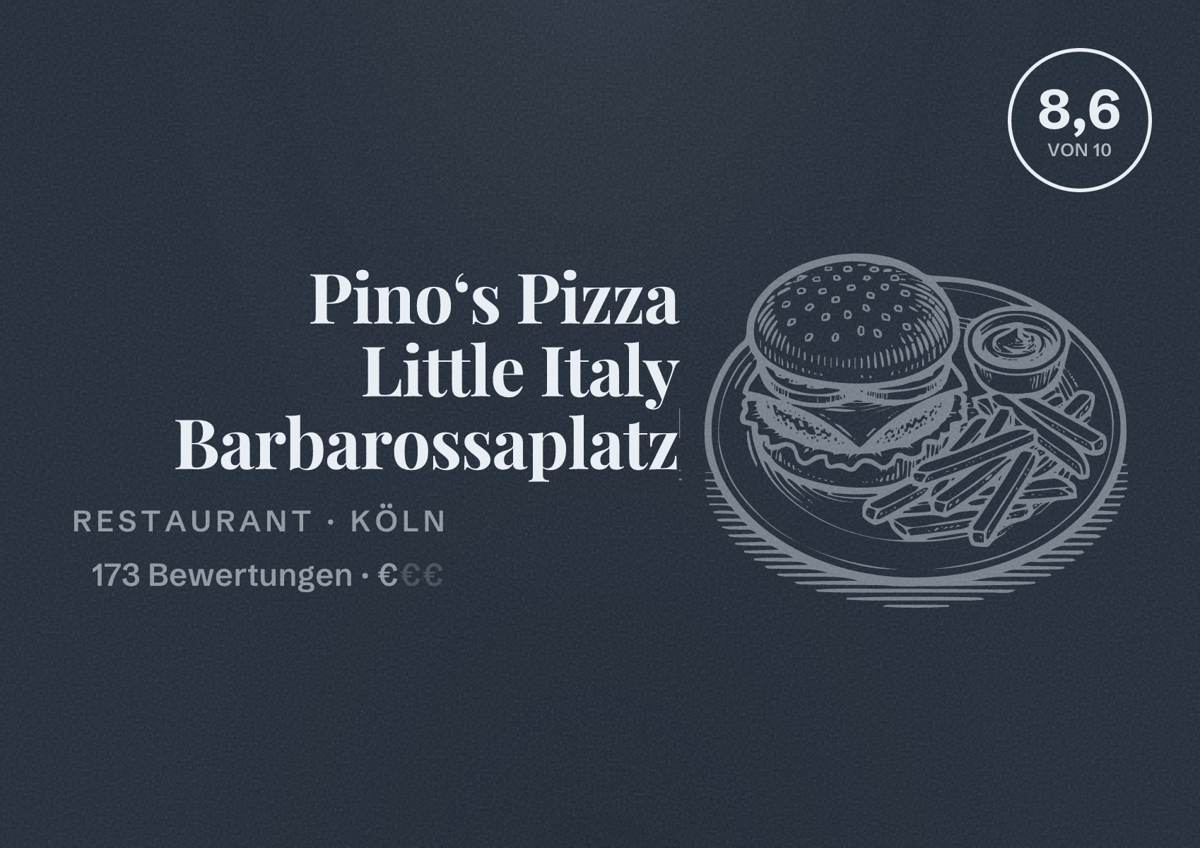 Illustriertes Poster von Pino‘s Pizza Little Italy Barbarossaplatz, Restaurant in Köln: Bewertung 8,6 von 10 aus 173 Bewertungen, Preisniveau €
