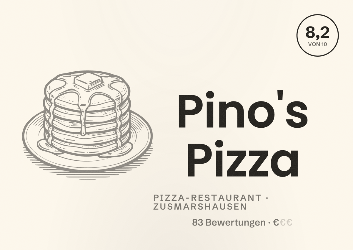Illustriertes Poster von Pino's Pizza, Pizza-Restaurant in Zusmarshausen: Bewertung 8,2 von 10 aus 83 Bewertungen, Preisniveau €