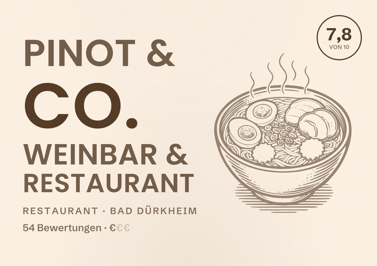 Illustriertes Poster von Pinot & Co. Weinbar & Restaurant, Restaurant in Bad Dürkheim: Bewertung 7,8 von 10 aus 54 Bewertungen, Preisniveau €