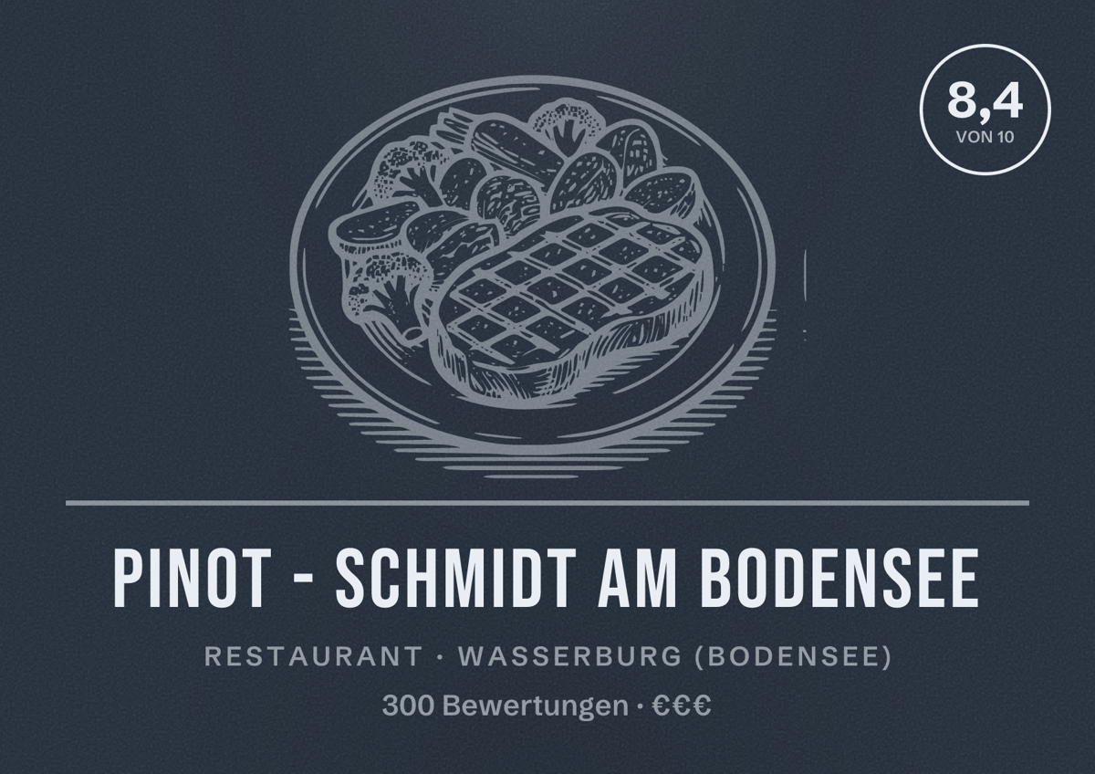 Illustriertes Poster von PINOT - SCHMIDT am Bodensee, Restaurant in Wasserburg (Bodensee): Bewertung 8,4 von 10 aus 300 Bewertungen, Preisniveau €€€