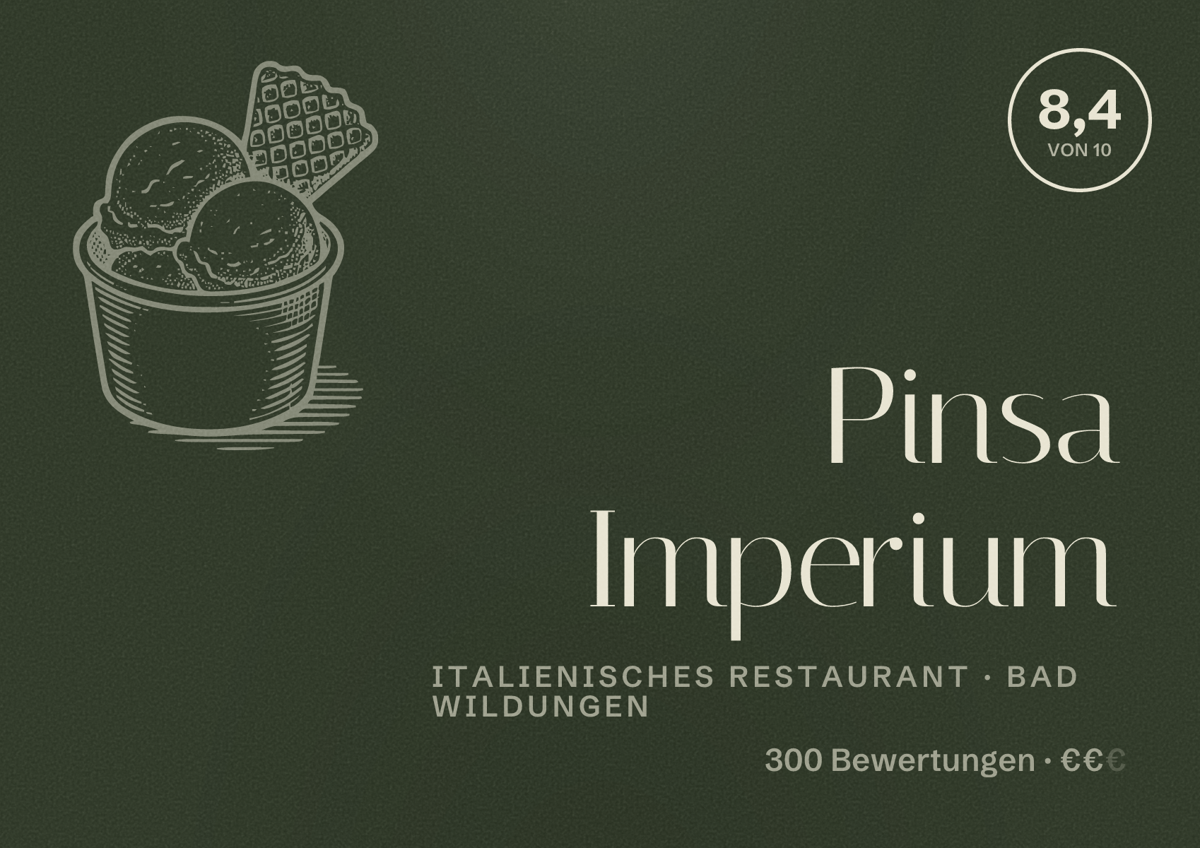 Illustriertes Poster von Pinsa Imperium, Italienisches Restaurant in Bad Wildungen: Bewertung 8,4 von 10 aus 300 Bewertungen, Preisniveau €€