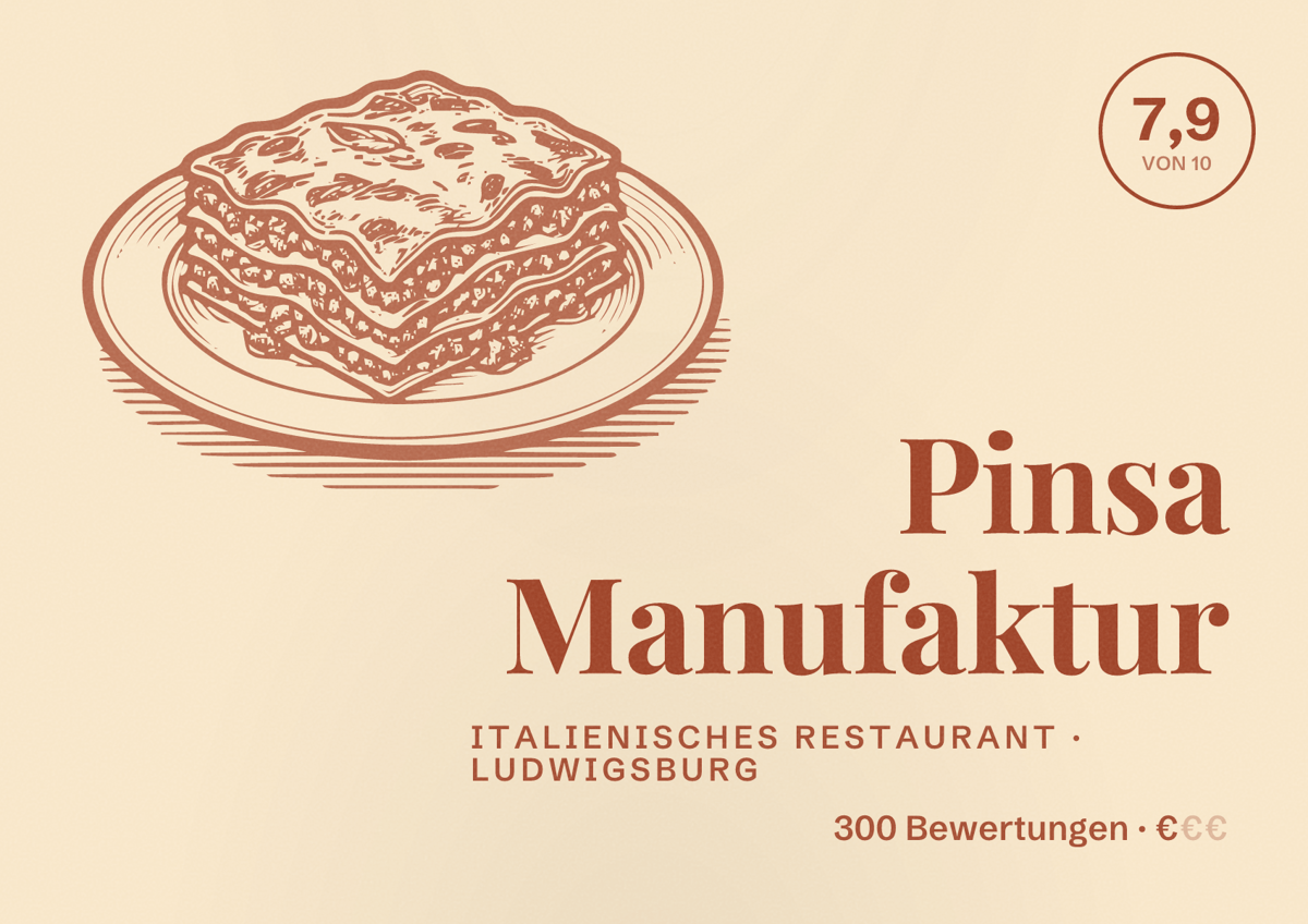 Illustriertes Poster von Pinsa Manufaktur, Italienisches Restaurant in Ludwigsburg: Bewertung 7,9 von 10 aus 300 Bewertungen, Preisniveau €