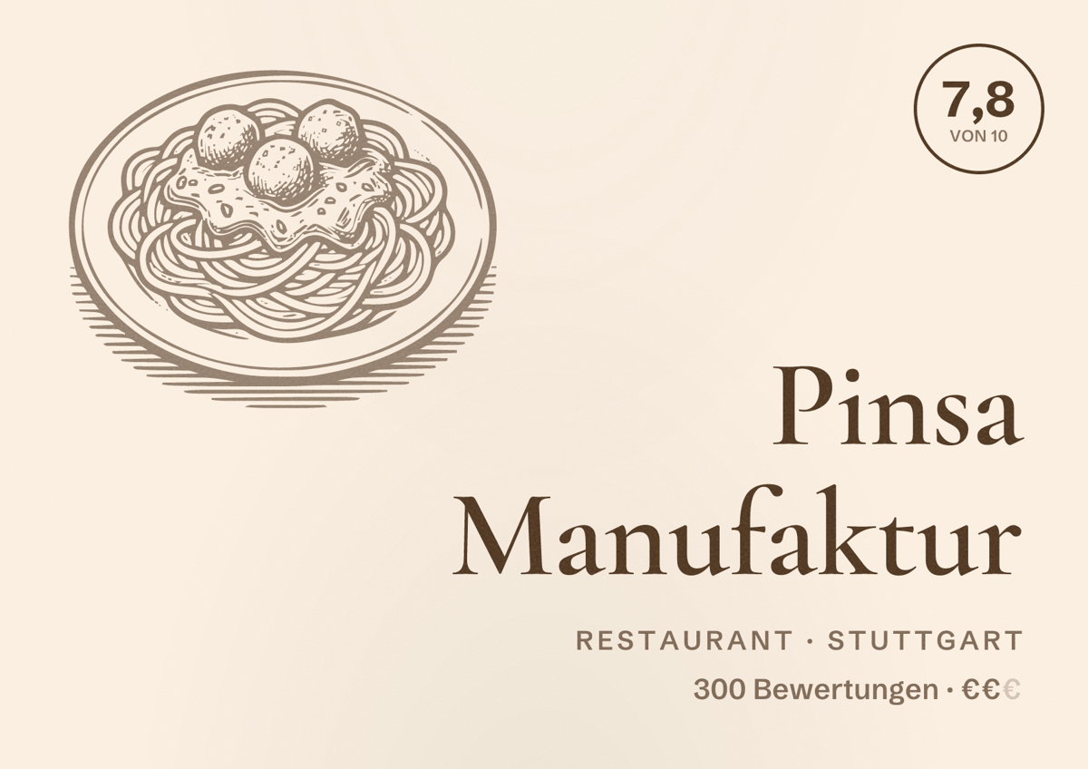 Illustriertes Poster von Pinsa Manufaktur, Restaurant in Stuttgart: Bewertung 7,8 von 10 aus 300 Bewertungen, Preisniveau €€