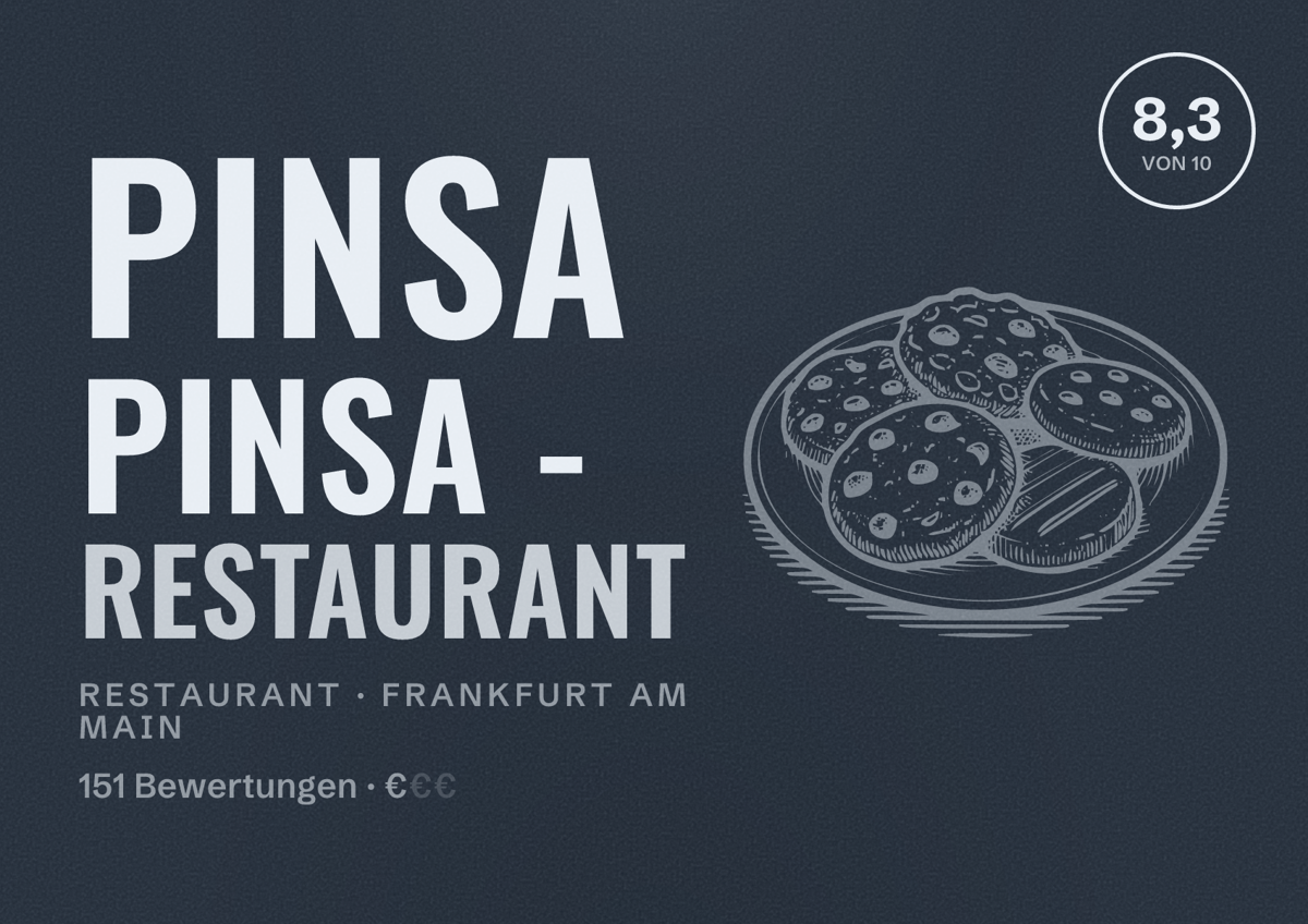 Illustriertes Poster von Pinsa Pinsa - Restaurant, Restaurant in Frankfurt am Main: Bewertung 8,3 von 10 aus 151 Bewertungen, Preisniveau €