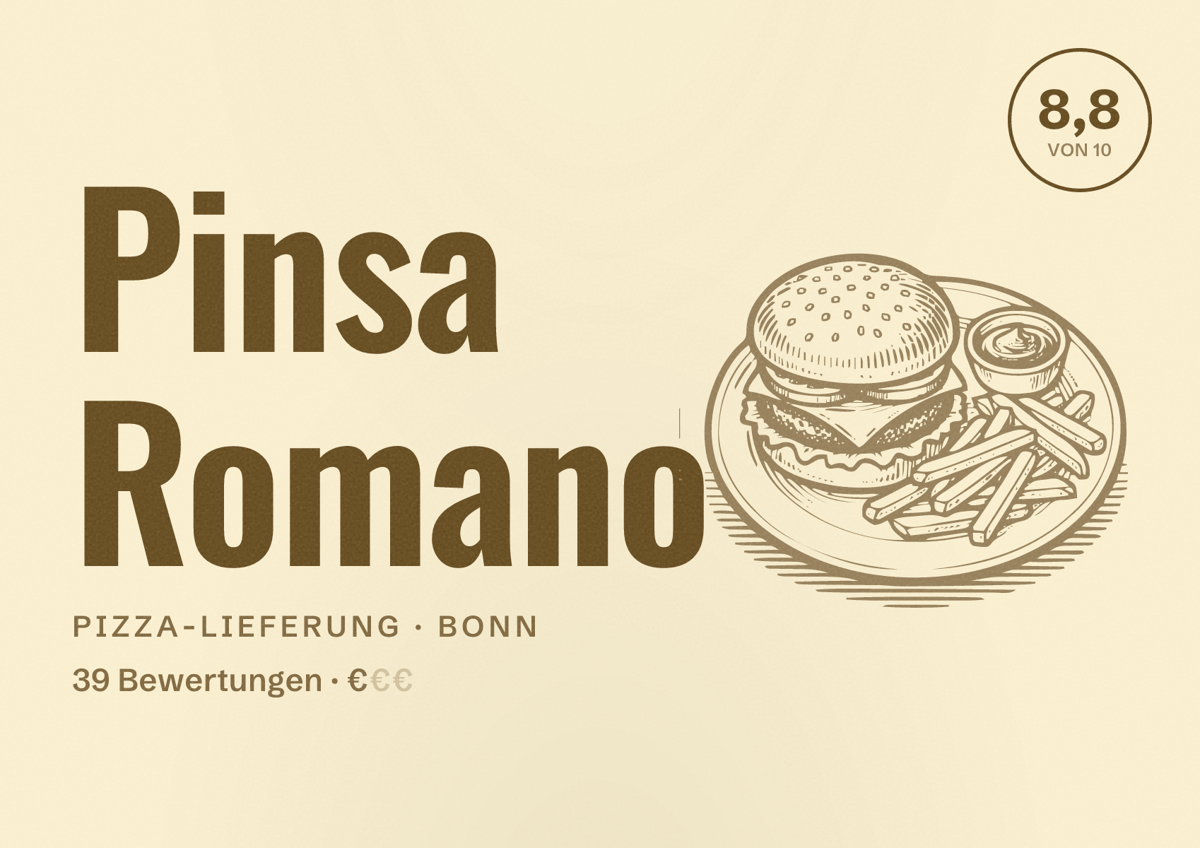 Illustriertes Poster von Pinsa Romano, Pizza-Lieferung in Bonn: Bewertung 8,8 von 10 aus 39 Bewertungen, Preisniveau €